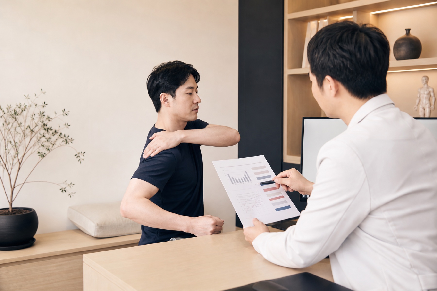 검사 결과와 움직임을 함께 살펴보는 상담 장면